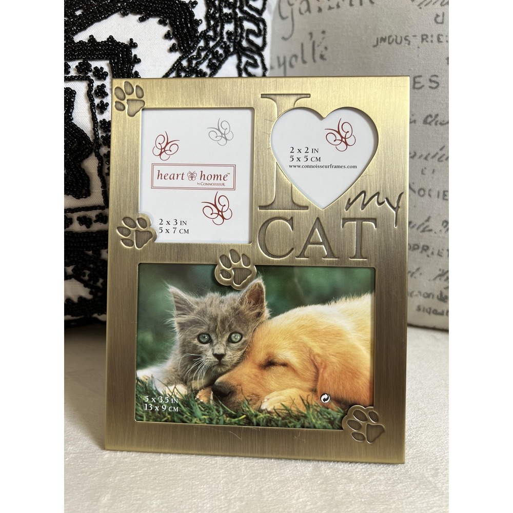 I Love My Cat Gold 3 Photo Paw Print Metal Collage Frame 3.5x5 Connoisseur Heart